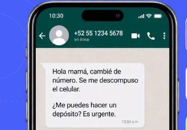 El ejemplo muestra un mensaje enviado desde un número desconocido que asegura ser un familiar.