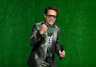 LAS VEGAS, NEVADA - APRIL 16: Robert Downey Jr. speaks during CinemaCon 2026 - Walt Disney Studios Invites you to its 2026 presentation highlighting its upcoming release schedule at The Dolby Colosseum at Caesars Palace during CinemaCon, the official convention of Cinema United, on April 16, 2026, in Las Vegas, Nevada. (Photo by David Becker/Getty Images for CinemaCon)