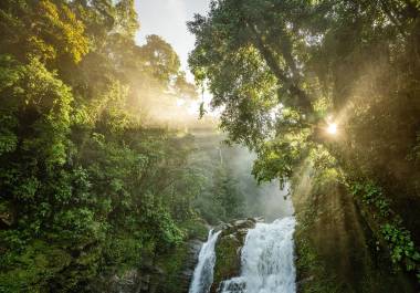 La ruta pasa por las cataratas Nauyaca, una cascada de dos niveles que crea una piscina natural en el río Barú.