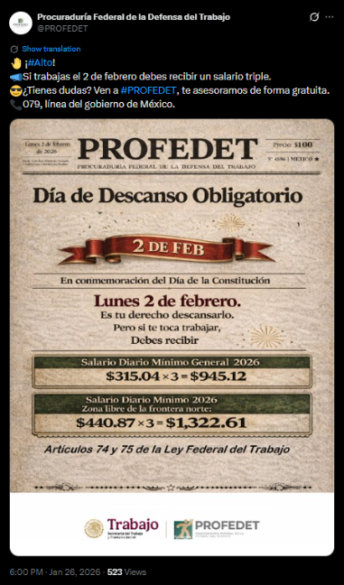 $!Profedet: AQUÍ puedes denunciar si no te pagan triple por trabajar el 2 de febrero