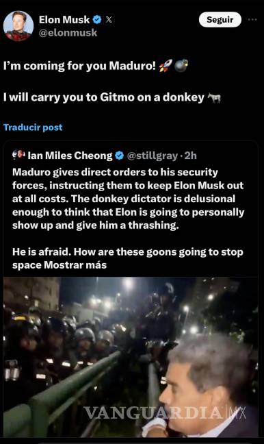 $!Maduro pidiéndoles a sus mercenarios que no dejen a Elon Musk acercársele. El miedo no anda en burro.