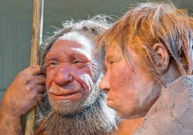 Esta fotografía de archivo del viernes 20 de marzo de 2009 muestra reconstrucciones de un hombre neandertal, a la izquierda, y una mujer en el museo neandertal de Mettmann, Alemania.