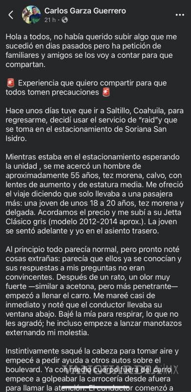 $!El joven dio cuenta de su experiencia en una publicación de Facebook-