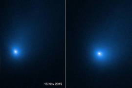 El cometa 2I / Borisov es solo el segundo objeto interestelar conocido que ha atravesado el sistema solar. Estas dos imágenes, tomadas por el telescopio espacial Hubble de la NASA, capturan el cometa que aparece cerca de una galaxia de fondo (izquierda) y poco después de su aproximación más cercana al Sol (derecha). NASA, ESA/D. Jewitt (UCLA)