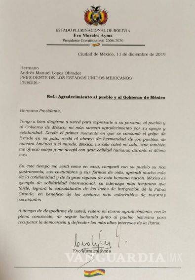 $!Con esta carta Evo Morales agradeció a AMLO el asilo político