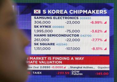 Una pantalla muestra los datos de cotización de fabricantes surcoreanos de chips, en la sala de operaciones de divisas en la sede de Hana Bank en Seúl, Corea del Su.