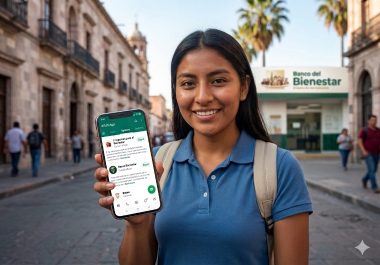 Beneficiaria verifica información oficial de las Becas Bienestar en WhatsApp para evitar fraudes