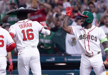 Jarren Duran and Randy Arozarena of Mexico during the 2026 World Baseball Classic game between Brazil and Mexico at Daikin Park on March 8, 2026 in Houston, Texas, United States.
