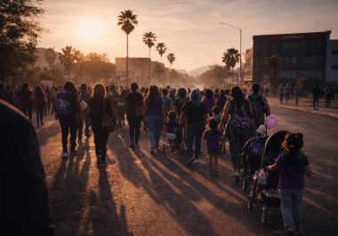 La imagen represenat a participantes del bloque de maternidades e infancias caminan durante la marcha del 8M en Saltillo de 2025. La movilización reunió a mujeres, niñas y niños que avanzaron por las principales avenidas de la ciudad.