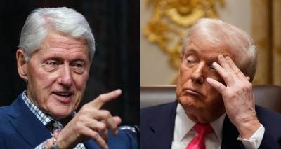 Izquierda, el expresidente estadounidense Bill Clinton. Derecha. El presidente Donald Trump escucha durante una reunión de gabinete en la Casa Blanca.