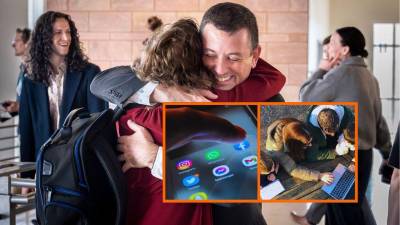 El litigante civil David Ackerman abraza a la fiscal estatal de Nuevo México, Linda Singer tras el veredicto a su favor sobre los impactos psicosociales negativos de las redes sociales.