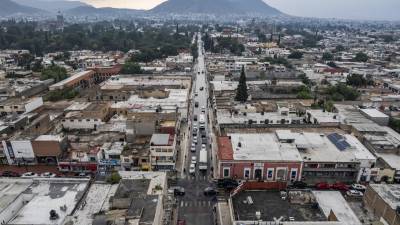 Vista aérea actual de la calle Juan Aldama en el centro de Saltillo.