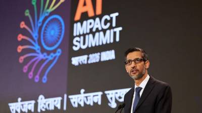 El director ejecutivo de Google, Sundar Pichai, interviene en la Cumbre de Impacto de la IA en Nueva Delhi, India.