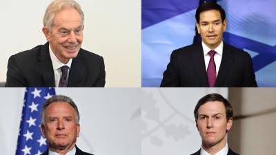 El ex primer ministro británico Tony Blair (Arriba-i), el secretario de Estado de EU, Marco Rubio (arriba-d), el emisario de la Casa Blanca, Steve Witkoff (abajo-i), y Jared Kushner supervisarán el nuevo Gobierno de Gaza.