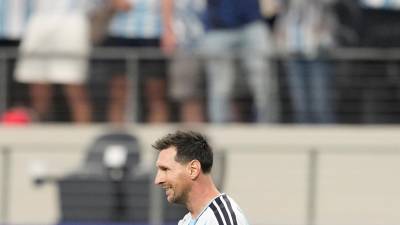 Messi celebra su gol número 17 en las Copas del Mundo.