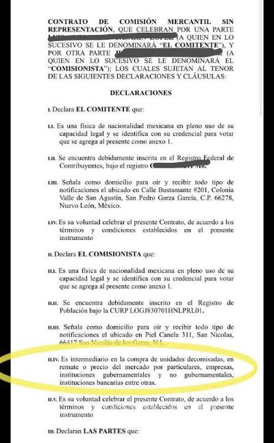 $!1a hoja del contrato entre el intermediario y los clientes de las unidades incautadas.