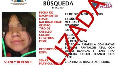 Vianey Berenice, reportada como desaparecida, fue localizada en la Colonia Evaristo Pérez Arreola del Municipio de Saltillo.
