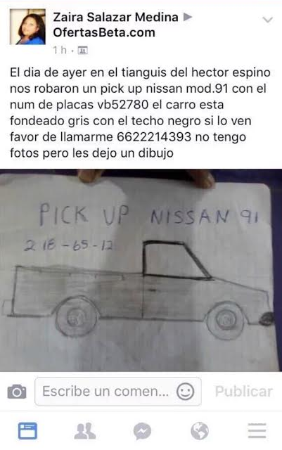$!Se viraliza robo de 'Pick Up Nissan' en Sonora tras describirlo ¡con un dibujo!