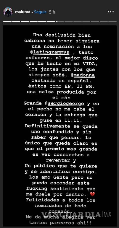 $!"Una desilusión bien cabro... no tener una sola nominación al Grammy": Maluma
