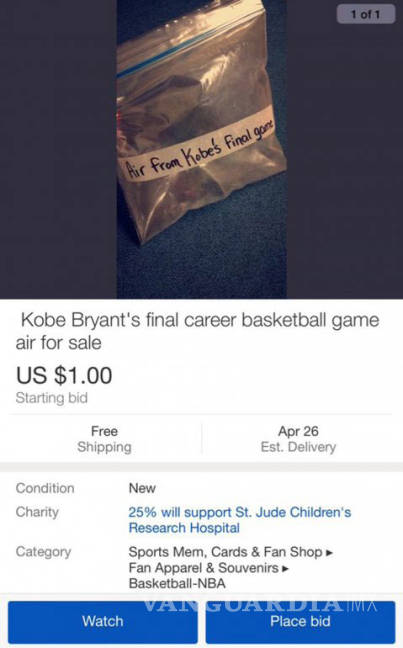 $!Pagan 15 mil dólares por una bolsa con aire del último partido de Kobe Bryant