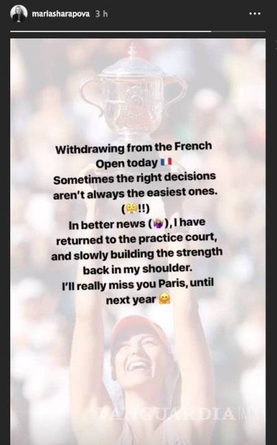 $!María Sharapova se baja de Roland Garros por lesión en hombro