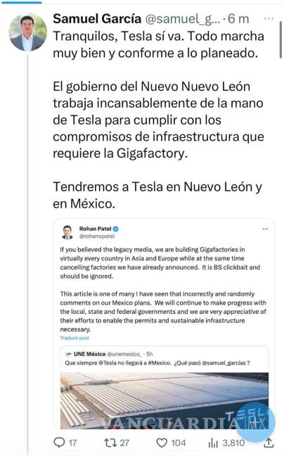 Tesla sí va: Samuel García; armadora solicita a Nuevo León infraestructura