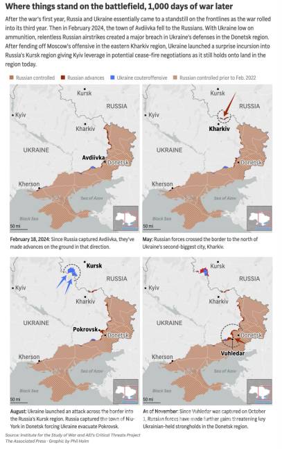 $!El mapa de arriba muestra la progresión en los campos de batalla de Ucrania y Rusia en 2024 mientras la guerra se embarca en su día número 1,000.