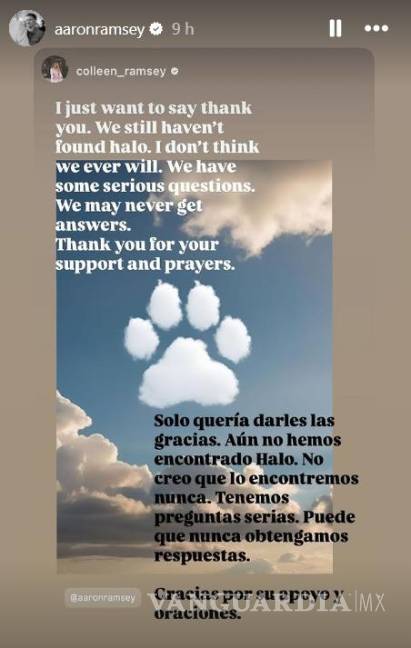 $!Mensaje de agradecimiento de Aaron Ramsey y Colleen en Instagram tras días de búsqueda de Halo.
