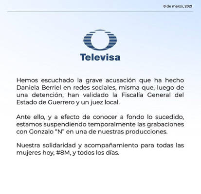 $!Televisa suspende a Gonzalo N tras denuncia de actriz Daniela Berriel