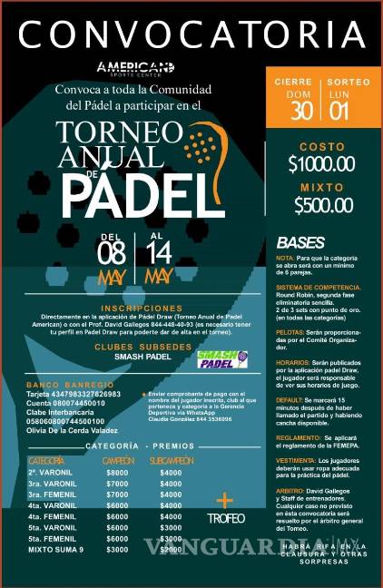 Anuncian torneos anuales de pádel y tenis en American Sport Center