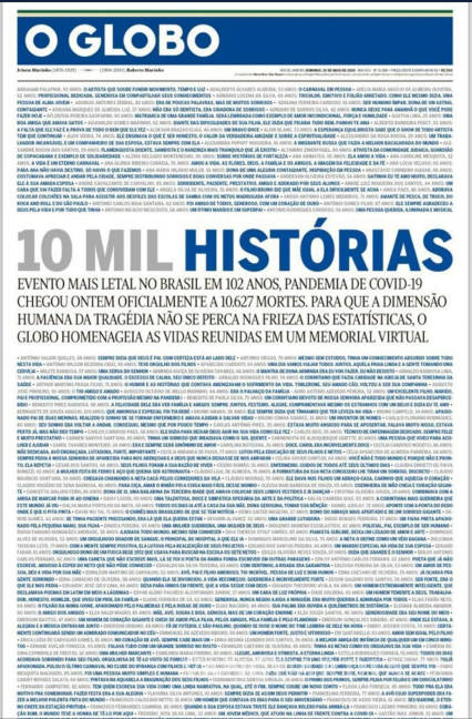 $!‘Las 10 mil historias’, la impactante portada del diario O’Globo por coronavirus en Brasil