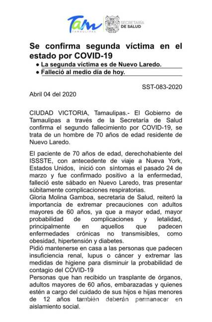 $!Reportan muerte de 2 pacientes en Tamaulipas por coronavirus, las primeras del estado