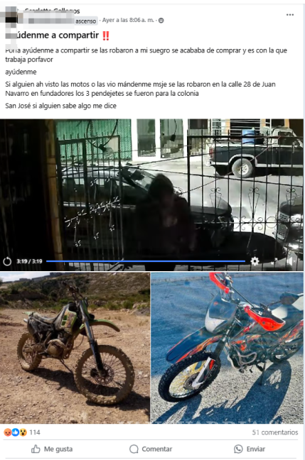 $!Publicación en redes sociales donde la joven pide ayuda para localizar las motocicletas robadas.