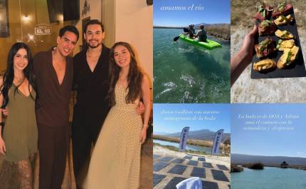 “Las Alucines”, Lupita Villalobos y Kass Quezada, posan junto a Un Tal Fredo y su pareja durante la celebración de su enlace matrimonial en Cuatro Ciénegas, Coahuila.