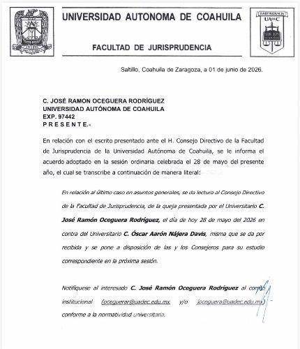 $!El Consejo Directivo de la Facultad de Jurisprudencia recibió una queja formal para analizar los señalamientos contra Óscar Nájera Davis.