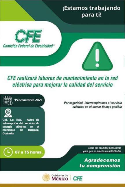 $!Personal técnico de la CFE realizará labores de mantenimiento en la red eléctrica de Múzquiz durante la mañana del sábado.