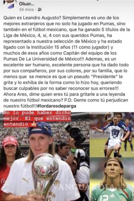 $!¿Quién eres tú para gritarle a una leyenda de nuestro futbol mexicano?; Hija de Leandro Augusto explota contra Presidente de Pumas