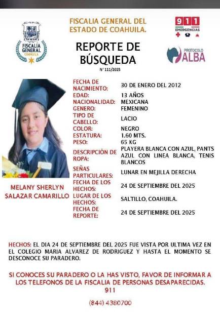 $!Desaparece alumna de 13 años de colegio en Saltillo