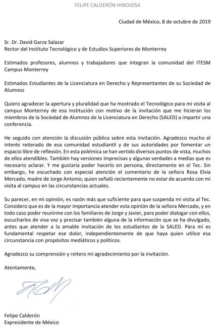 $!Cancela Felipe Calderón participación en Simposio del Tec de Monterrey; organizadores buscaban un 'diálogo e intercambio de ideas'