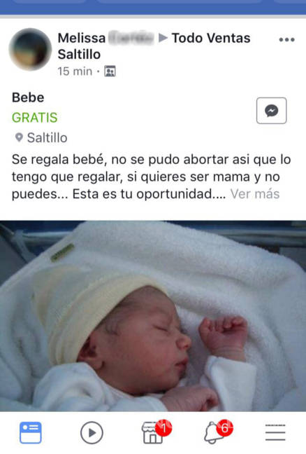 $!Ponen 'en venta' a bebé en grupo de Facebook en Saltillo