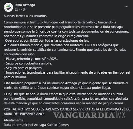 $!Ruta Saltillo-Arteaga-Ramos Arizpe informa que dejará de dar servicio a partir del 24 de abril