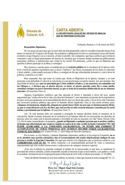 $!CARTA de la Diócesis de Culiacán a los diputados sinaloenses que votaron a favor de la despenalización del aborto