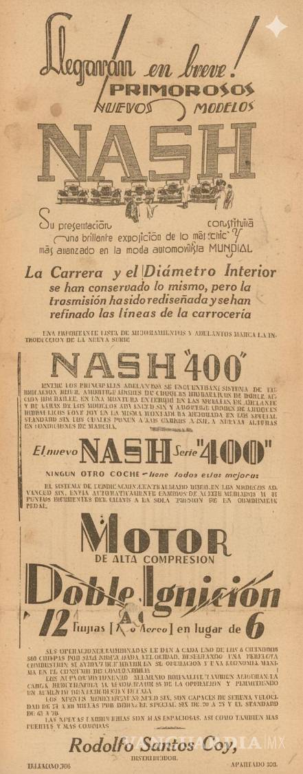 $!Anuncio de los automóviles Nash que estaban a punto de llagar a la ciudad.