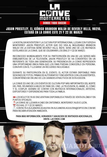$!Jason Priestley, quien encarnó el personaje de ‘Brandon Walsh’, será invitado especial en La Conve Monterrey el 21 y 22 de marzo.
