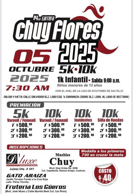 $!La 14ª edición de la Carrera “Chuy Flores” se realizará el 5 de octubre de 2025 en Saltillo, con recorridos de 5K y 10K, una carrera infantil de 1K, inscripciones accesibles de 40 pesos y categorías inclusivas para corredores invidentes y en silla de ruedas.
