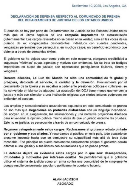 $!Son ‘desesperados, infundados y sensacionalistas’ los nuevos cargos contra líder de La Luz del Mundo: Abogado