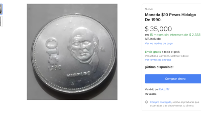 Mmoneda de 10 pesos de 1990, que se encuentra en venta por hasta $35,000 en plataformas como Mercado Libre.