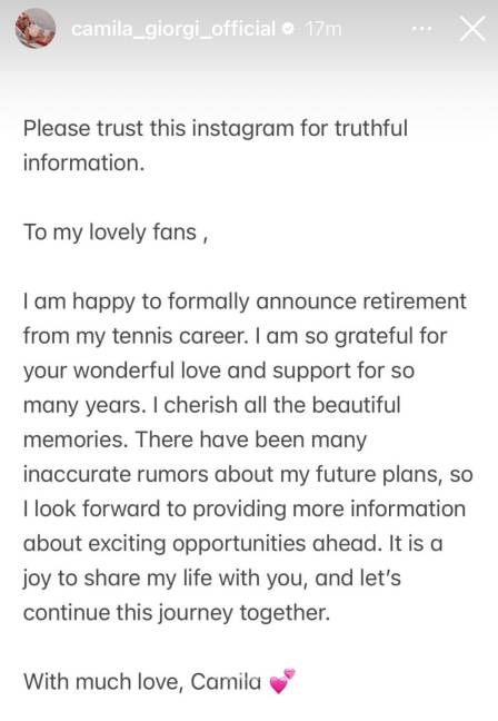 $!Mensaje que publicó la tenista a través de sus historias de Instagram.