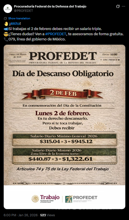 $!Profedet: AQUÍ puedes denunciar si no te pagan triple por trabajar el 2 de febrero