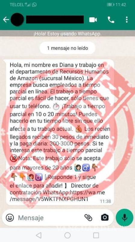 $!Alertan en Saltillo por nuevo fraude vía Whatsapp: ofertas de empleo ¿te contactaron de RH de Amazon?